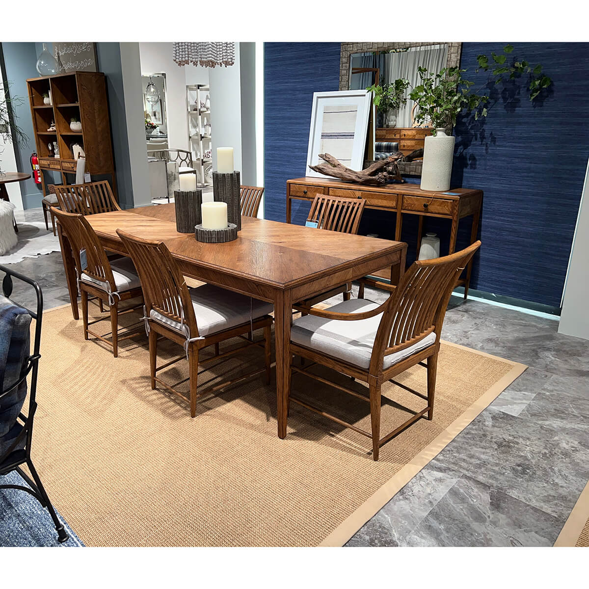 Oak console table in dining room setting.