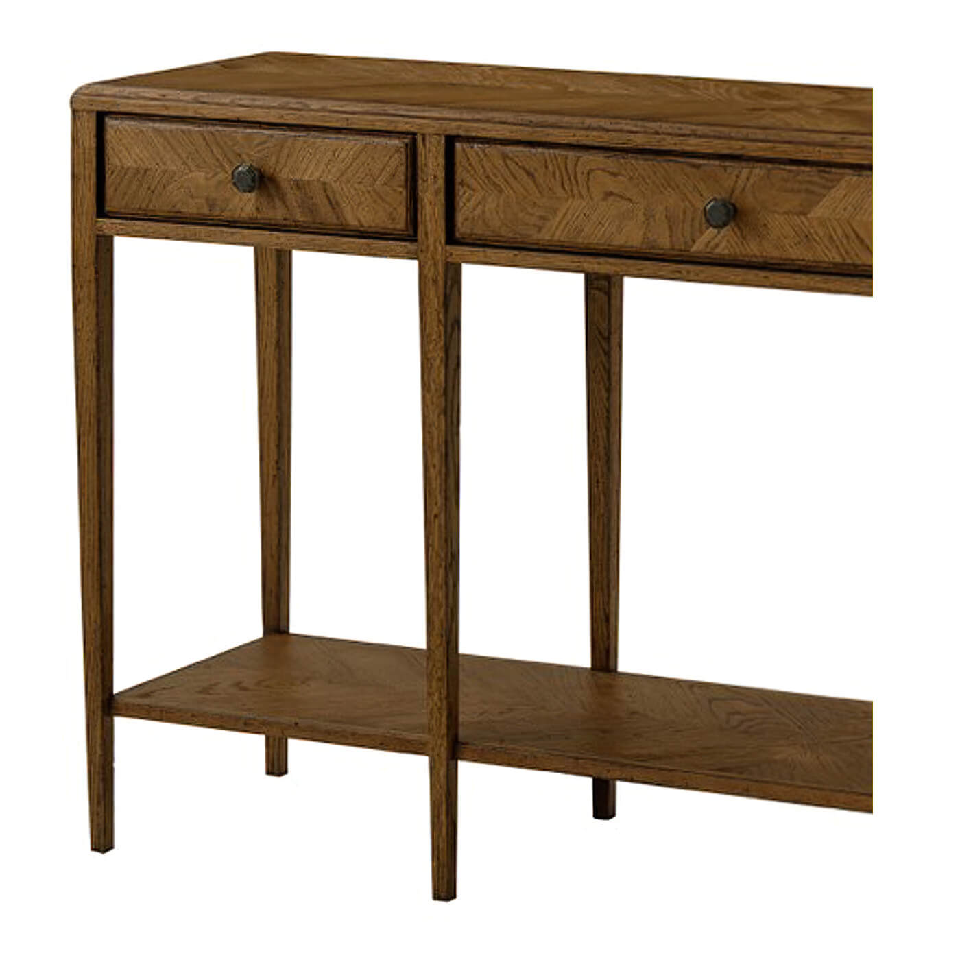 Close-up of oak console table drawers and legs.