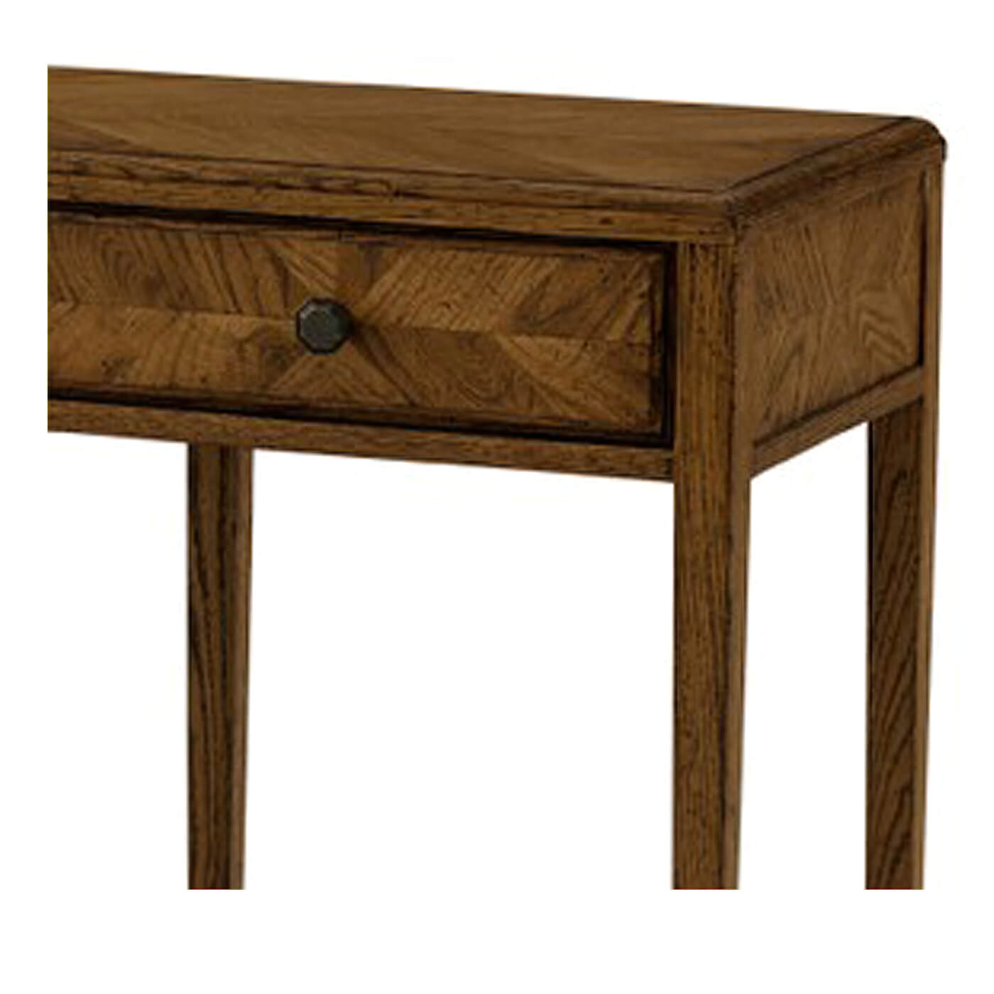 Detailed view of oak console table drawer corner.