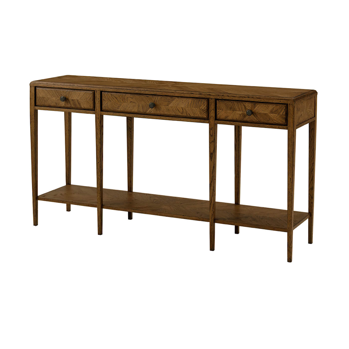 Oak parquet console table, full view, three drawers.