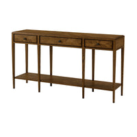 Oak parquet console table, full view, three drawers.