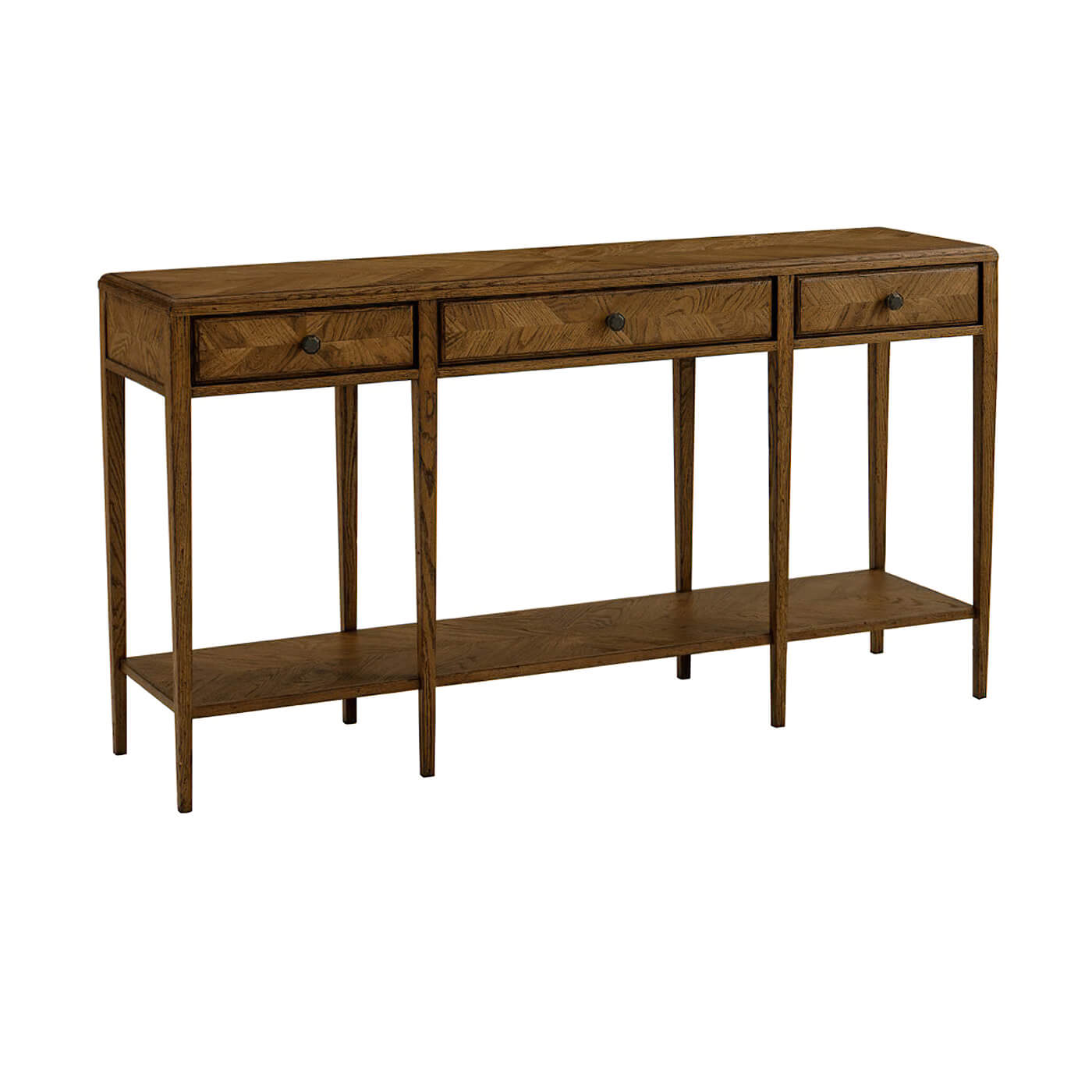 Side view of oak console table, dark finish.