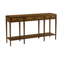 Side view of oak console table, dark finish.