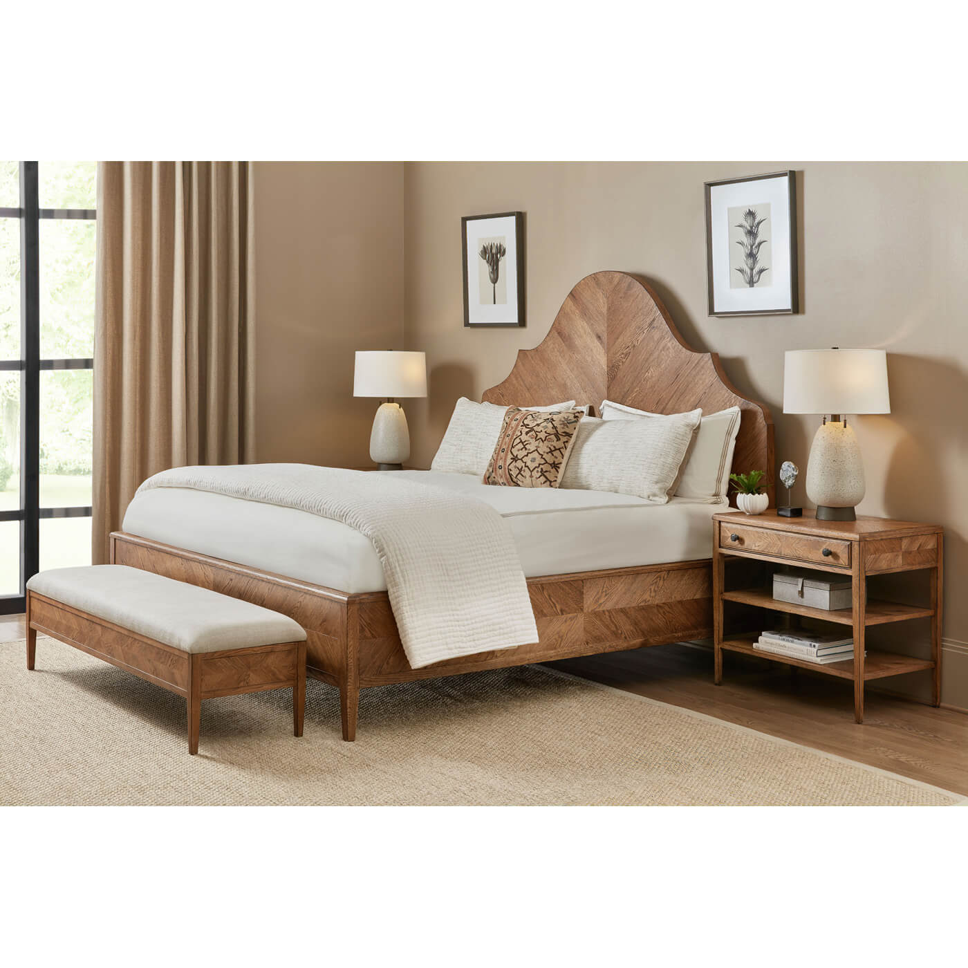 Bedroom scene with upholstered bench at foot of bed.