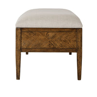 Upholstered bench side end view, dark oak legs detail.