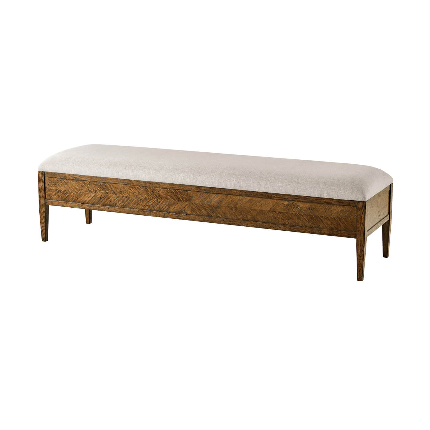 Upholstered bench angled front view, dark oak finish.