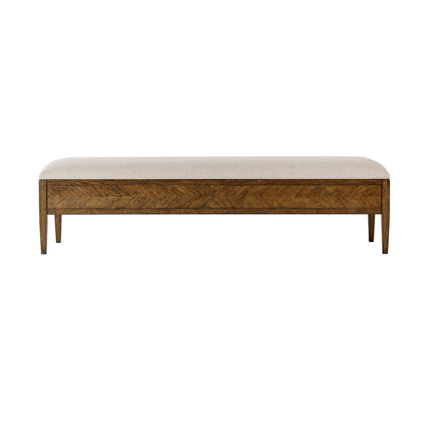 Upholstered bench front view, showcasing dark oak design.