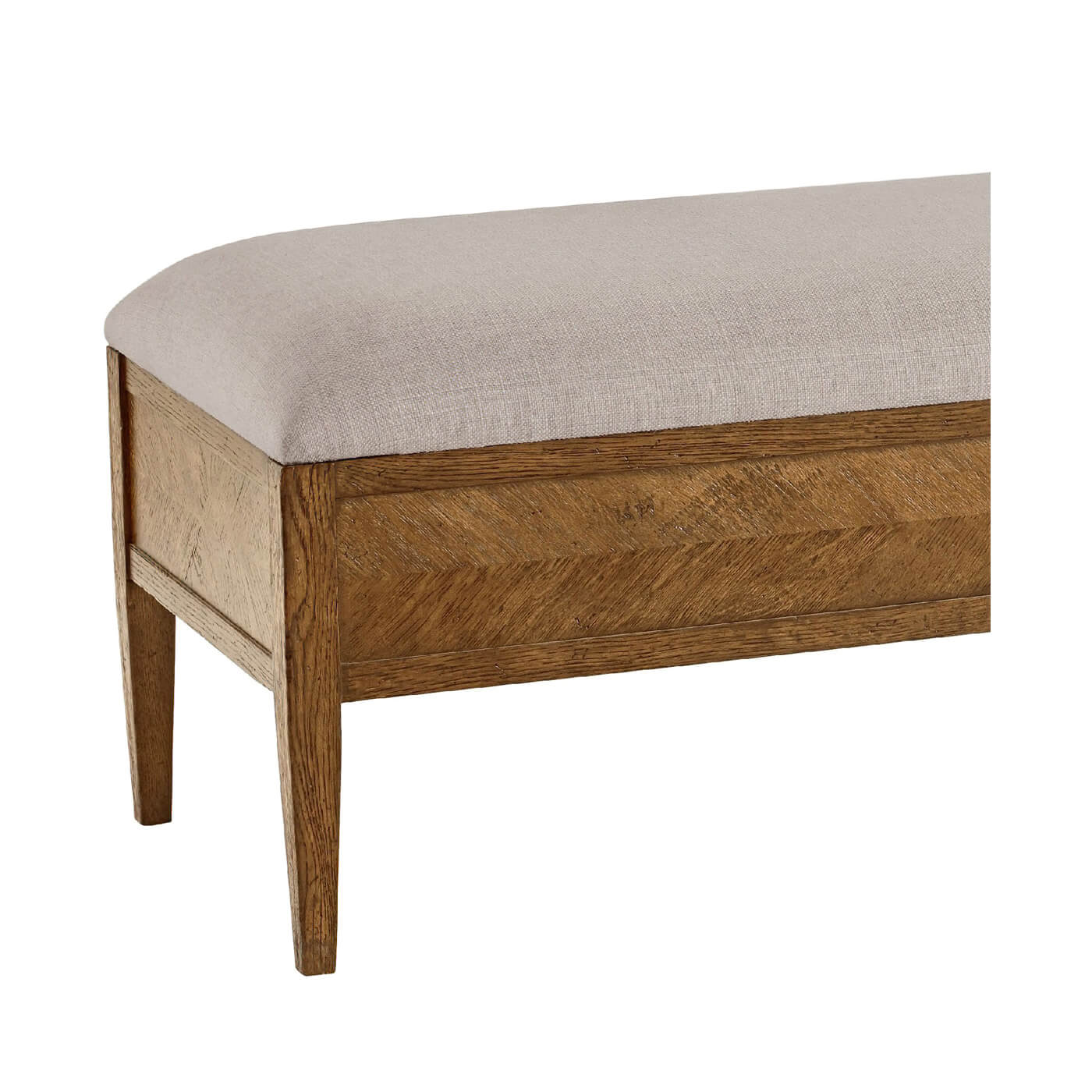 Close-up of bench corner and upholstery detail.