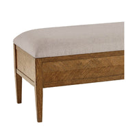 Close-up of bench corner and upholstery detail.
