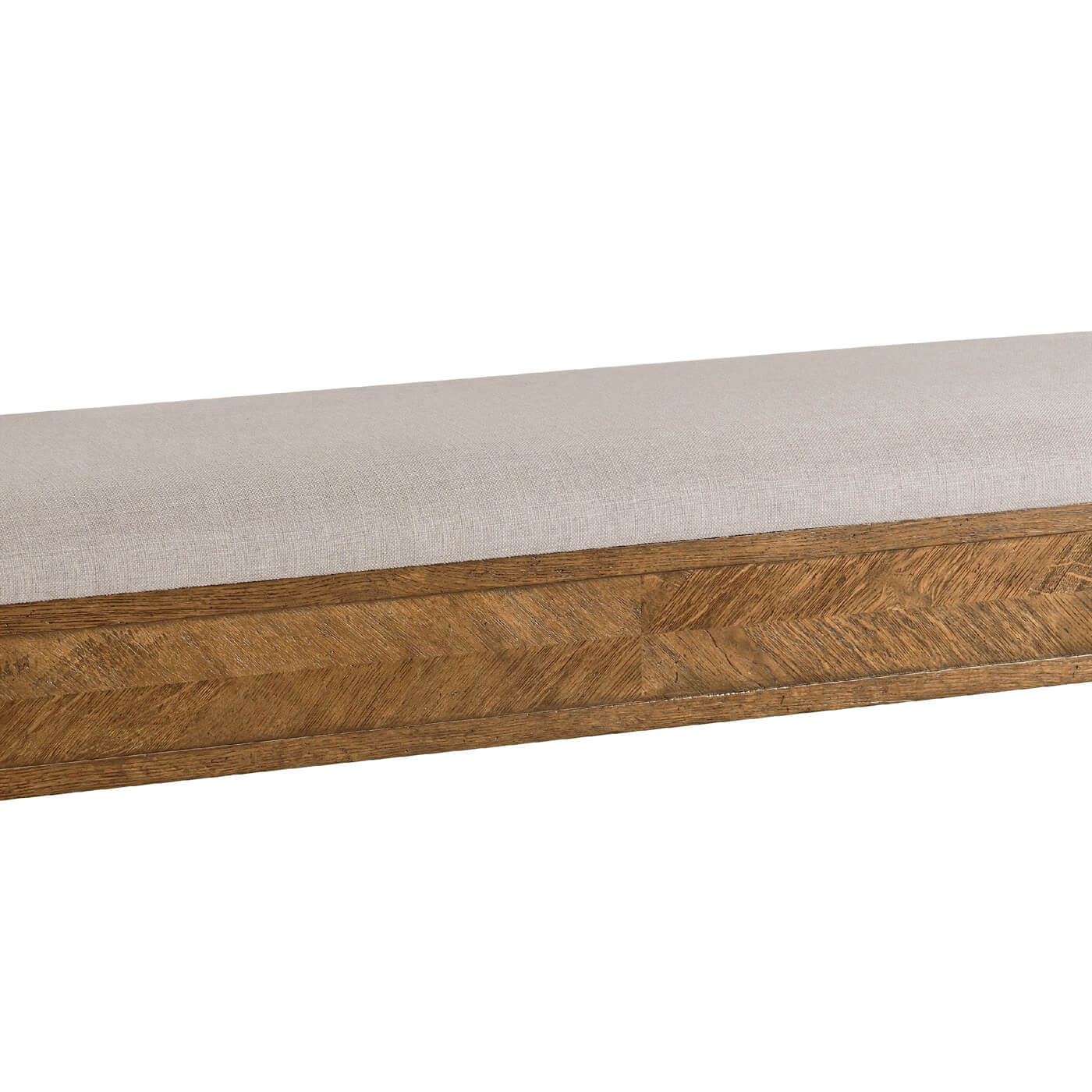 Close-up of bench's oak parquetry design.