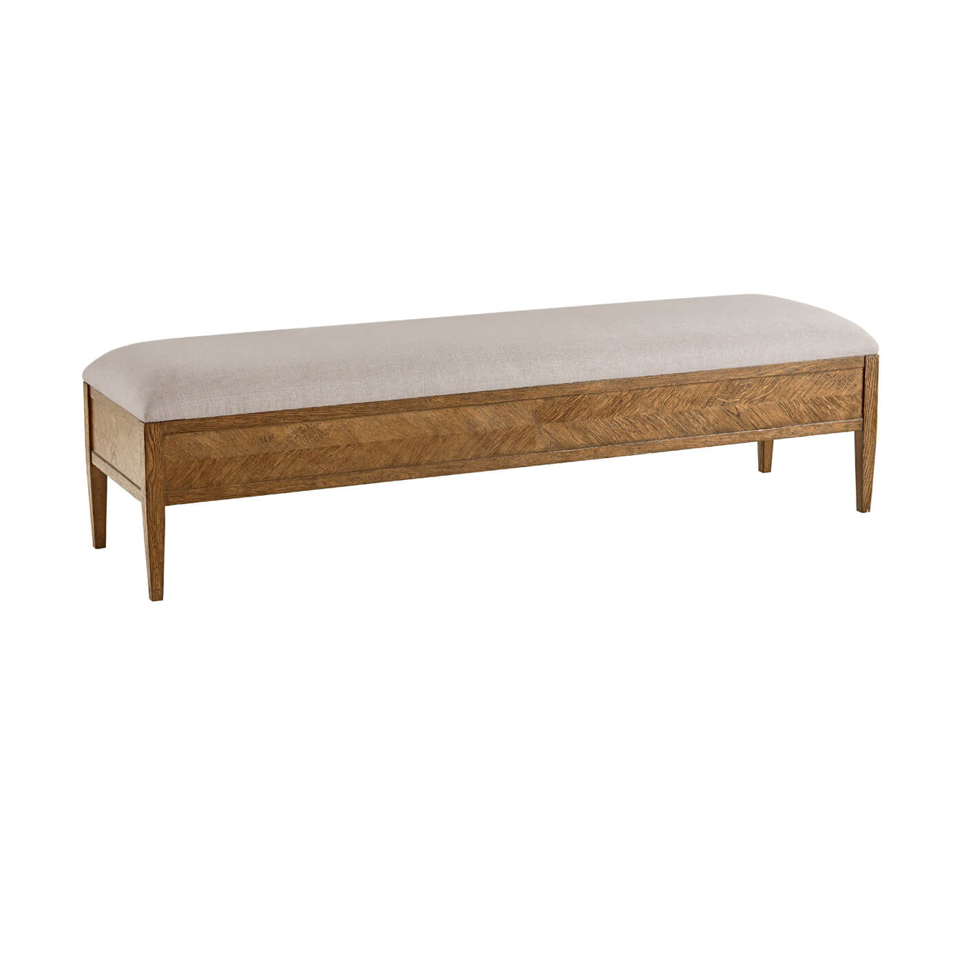 Light oak bench, alternate side angle view.