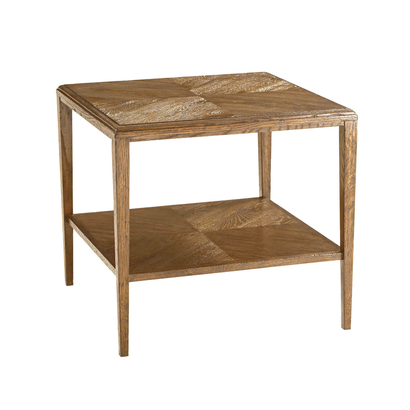 Angled full view of oak rustic end table.