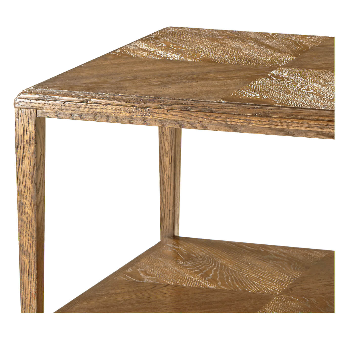 Top corner and side view, oak end table.