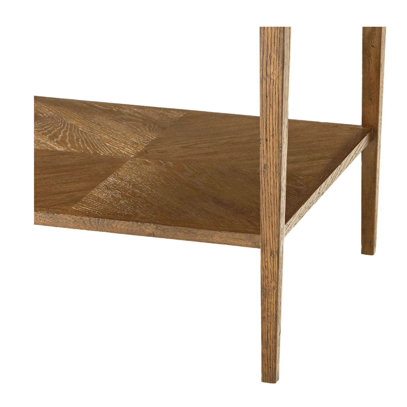 Close-up of bottom shelf, oak end table detail.