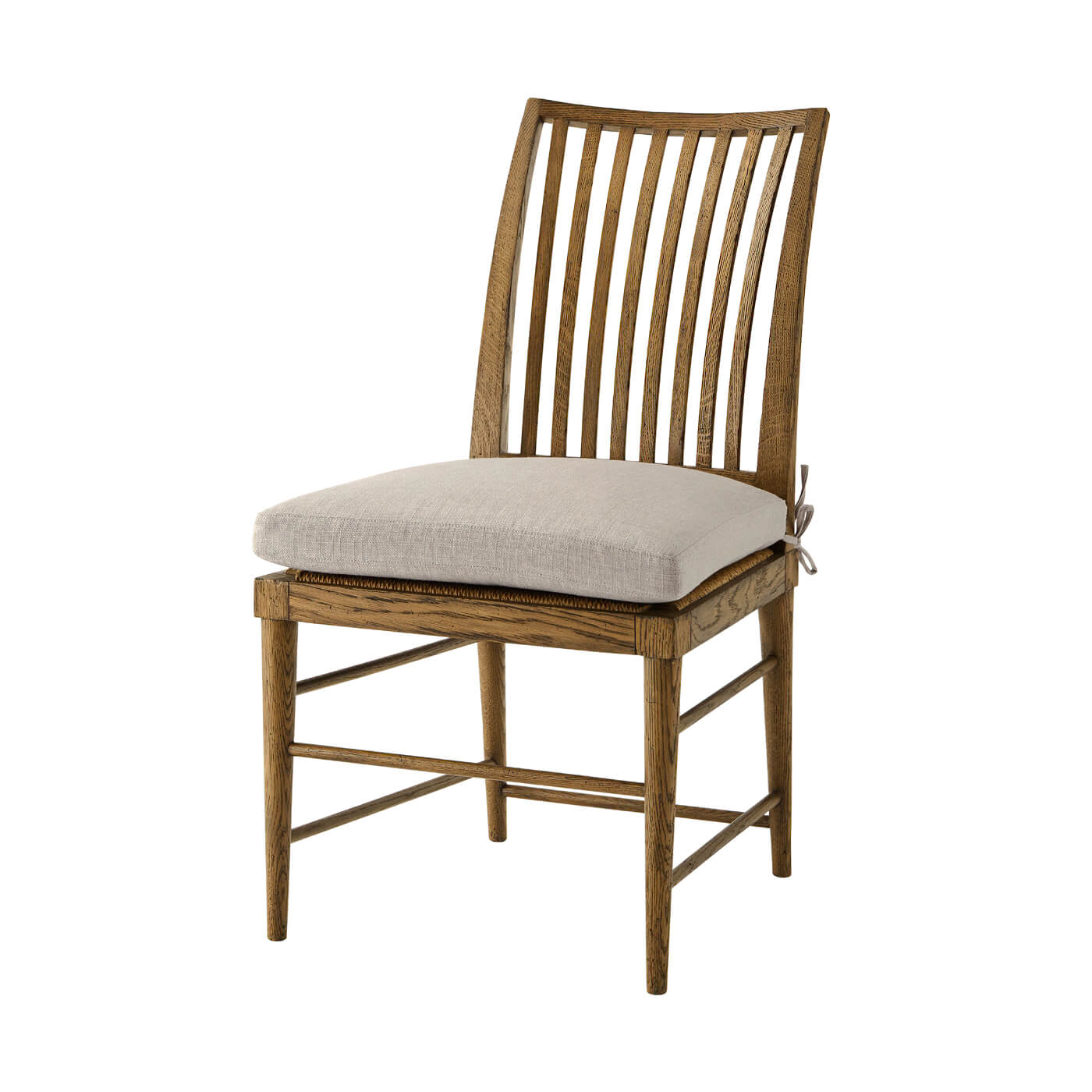 Front view of oak slatted back dining chair, cushion visible.