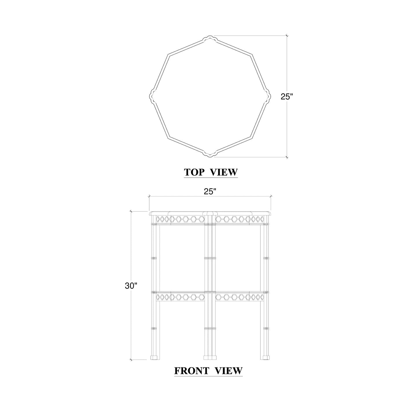 Dimensional diagram of octagonal faux bamboo side table