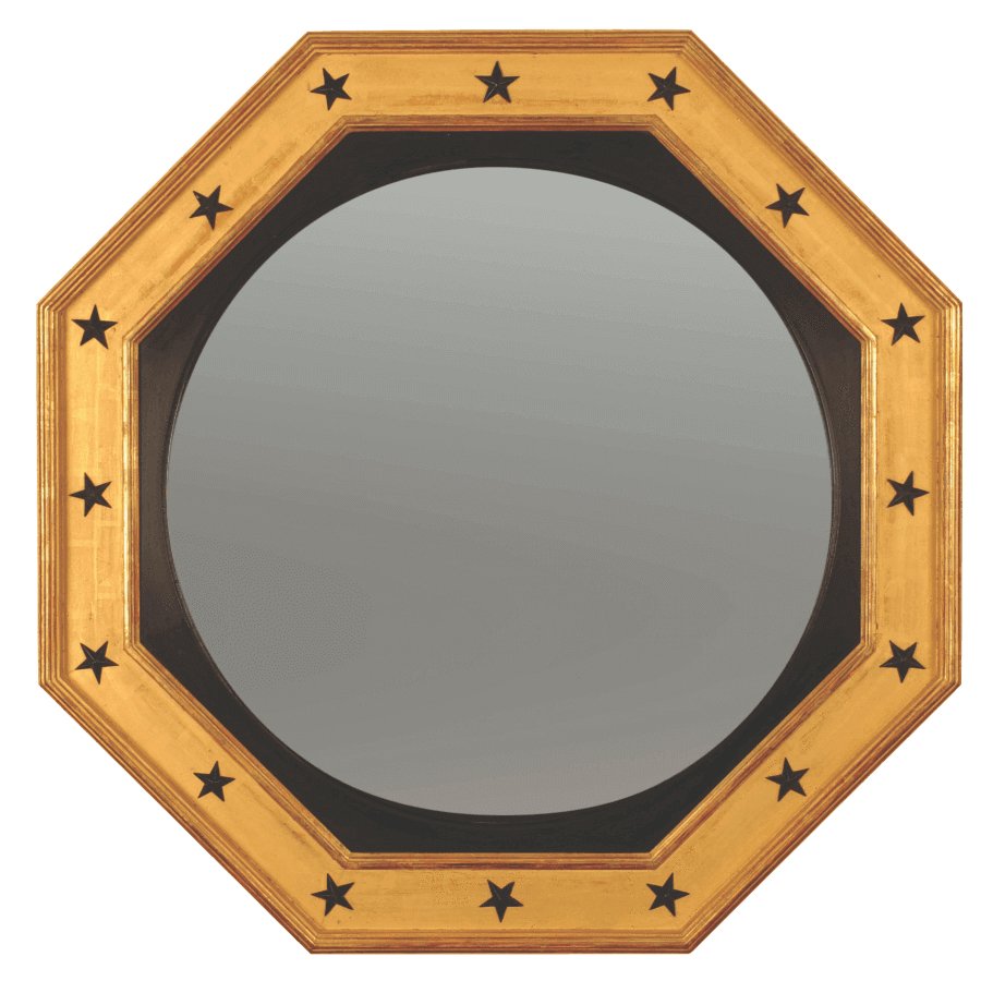Octagonal convex mirror with black star decorations.