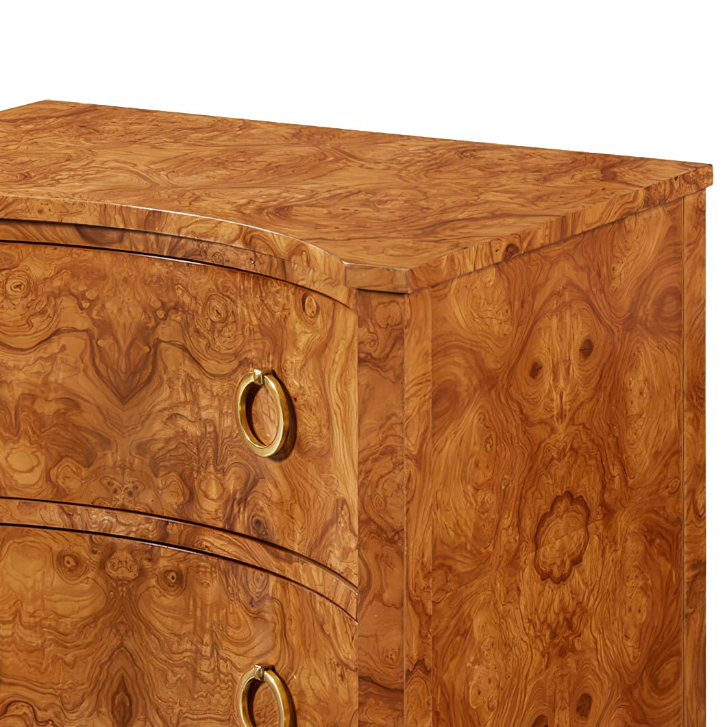 Close-up of nightstand's olive ash burl wood detail.