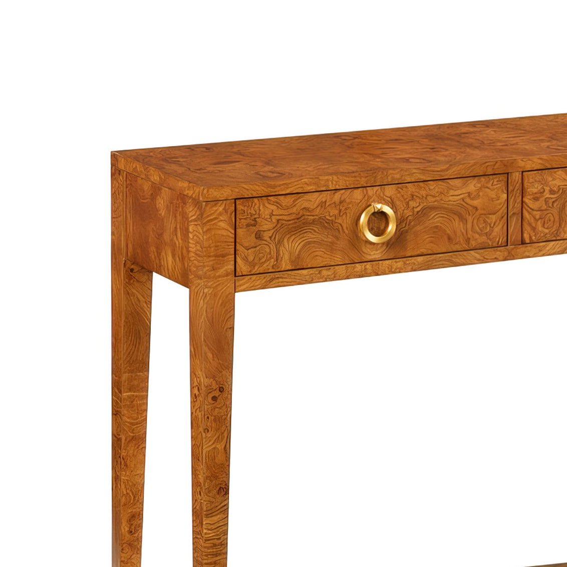 Close-up of console table drawer with gold handle.