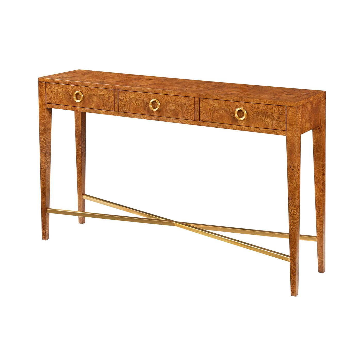 Olive Ash Burl console table, front view, three drawers.