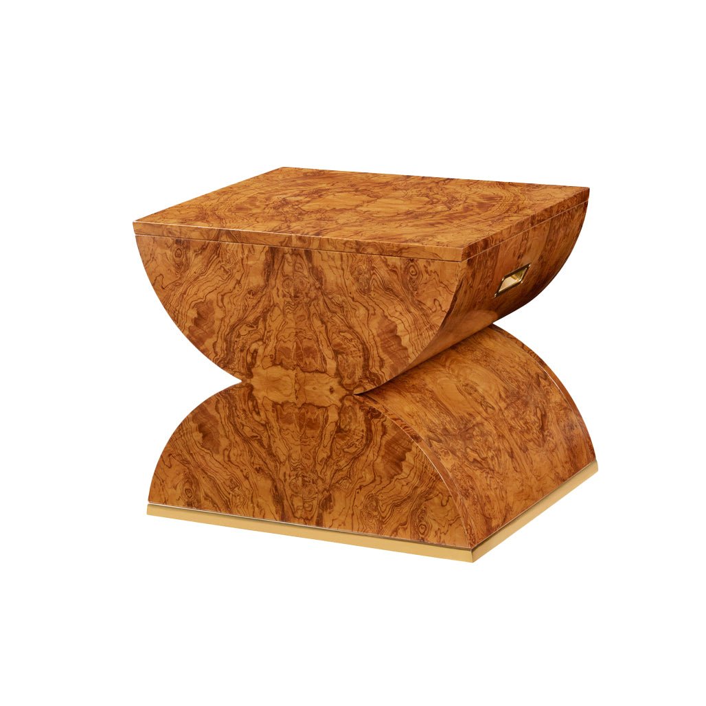 Olive Ash Burl wood accent table, single view.