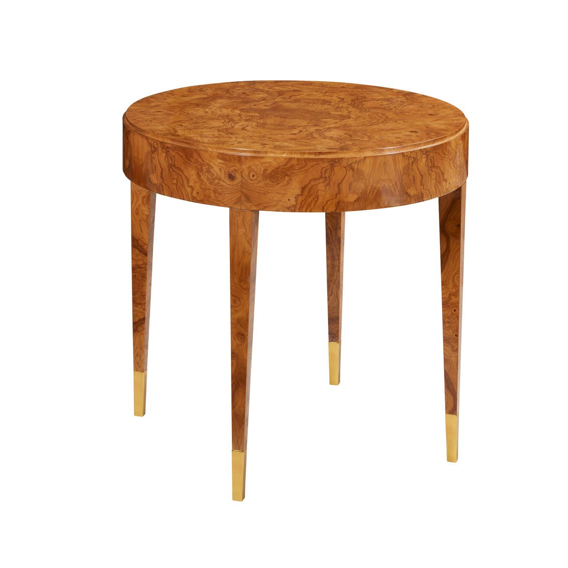 Round wooden side table with tapered legs on display.