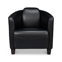 Black leather club chair, front view.