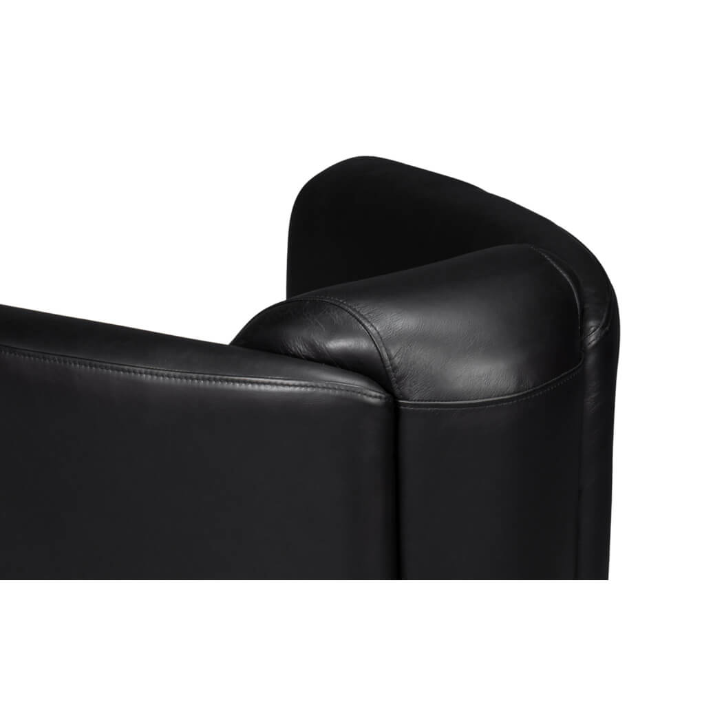 Black leather club chair, top backrest view.
