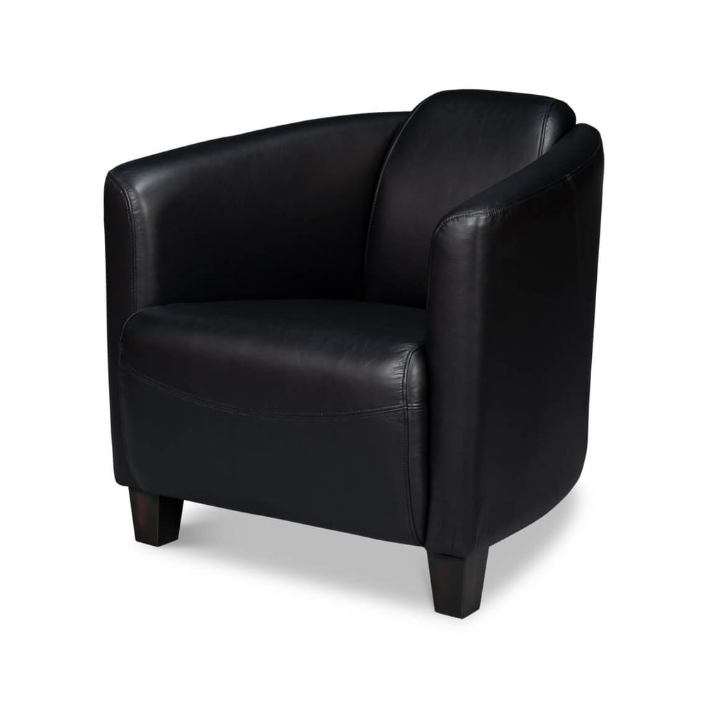 Black leather club chair, front angle view.