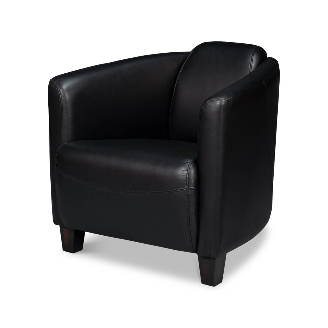 Black leather club chair, front angle view.