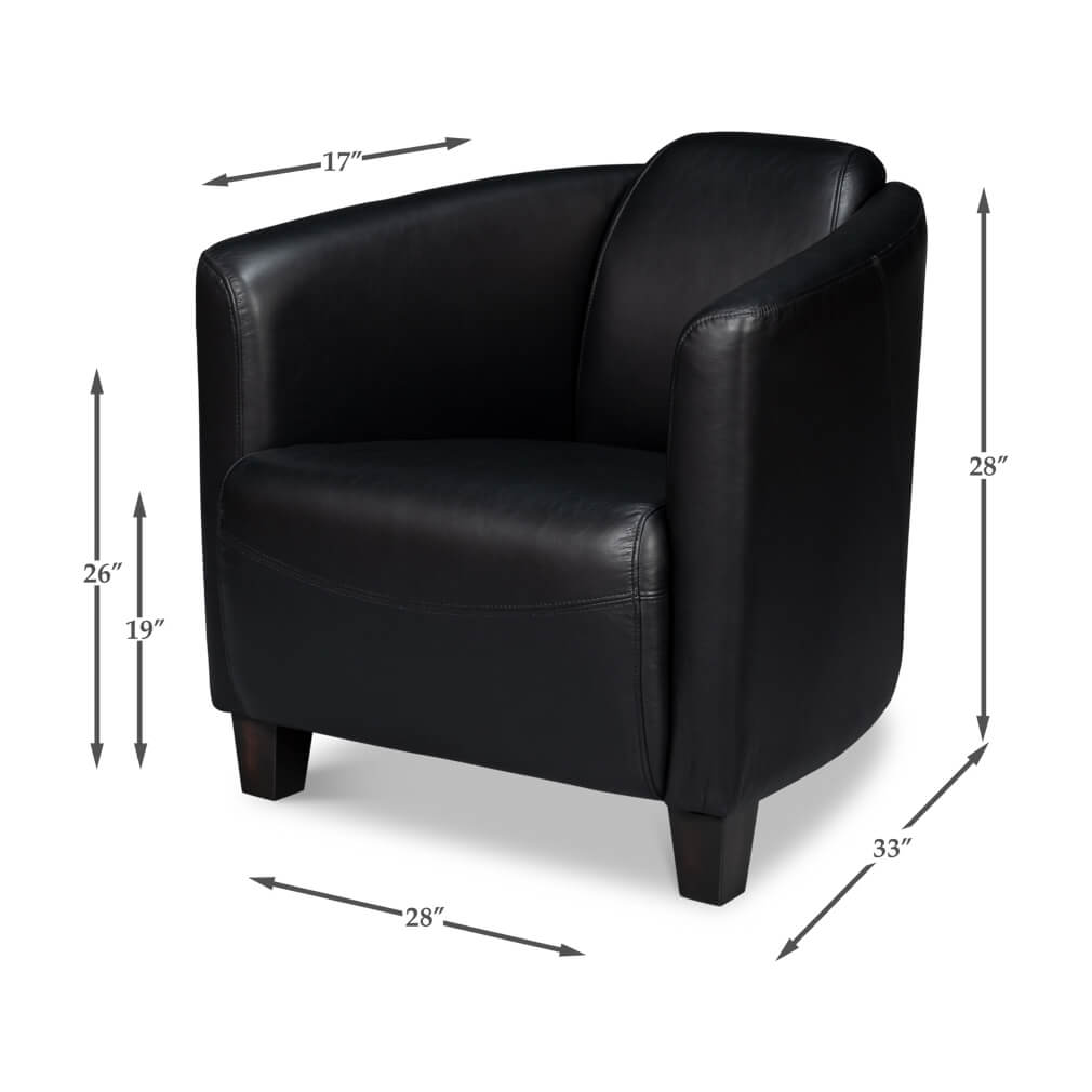 Black leather club chair with dimensions.