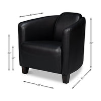 Black leather club chair with dimensions.
