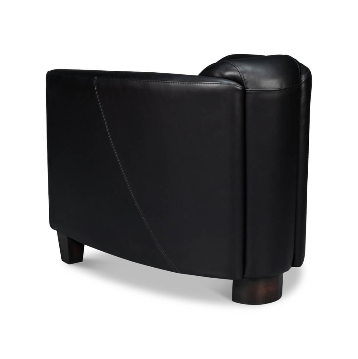 Black leather club chair, back angle view.