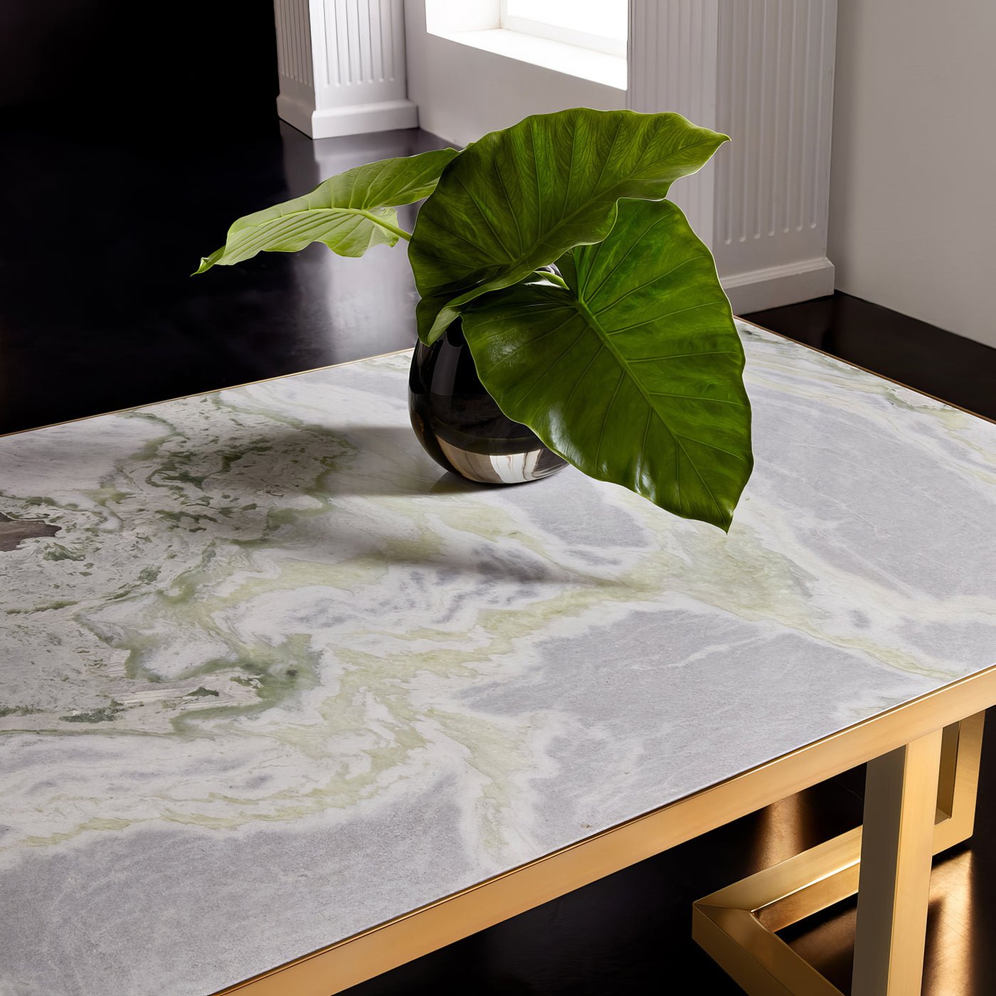 Detailed view of marble design on coffee table top.