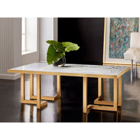 Modern coffee table with marble design, living room setting.
