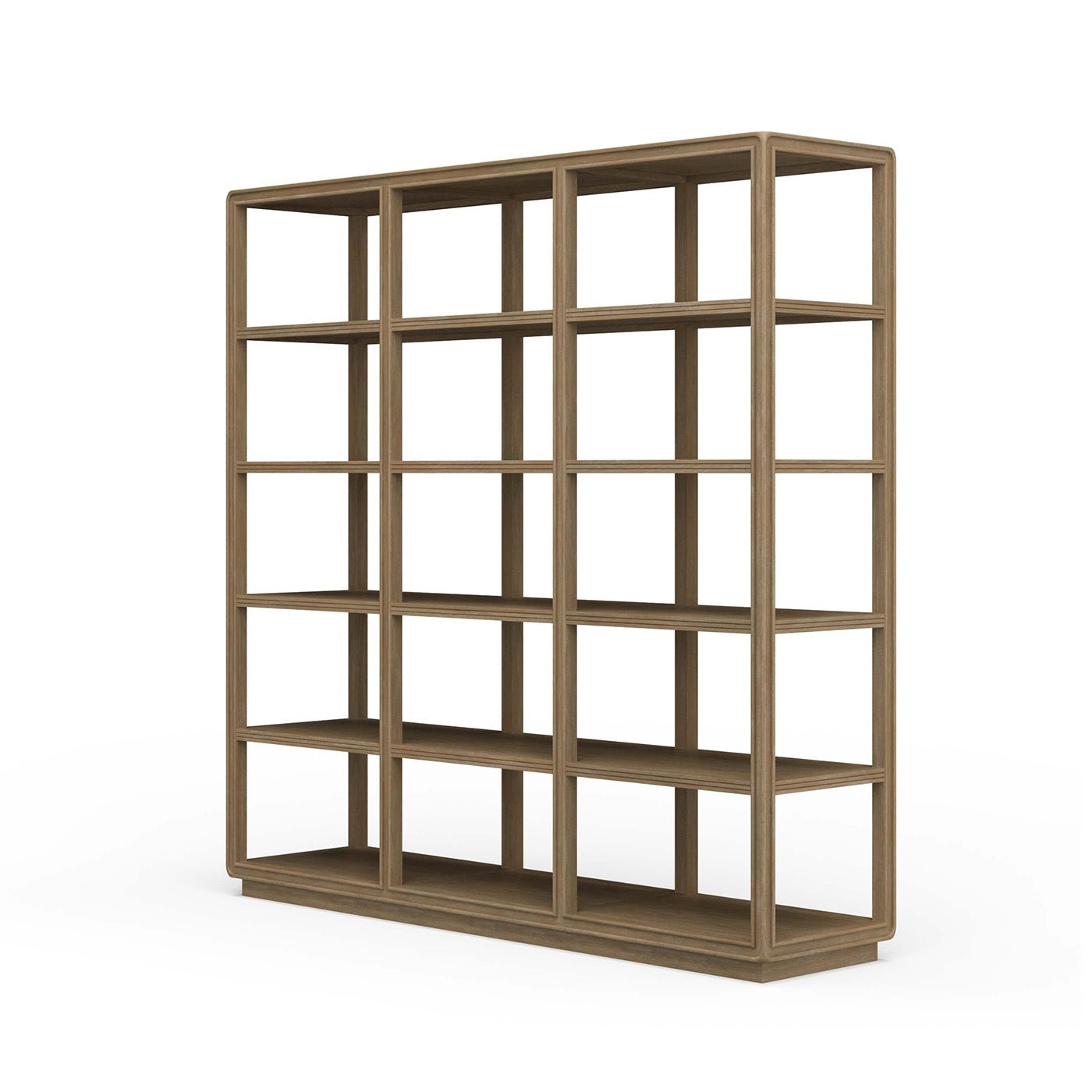 Angled view of open contemporary bookcase highlighting depth.