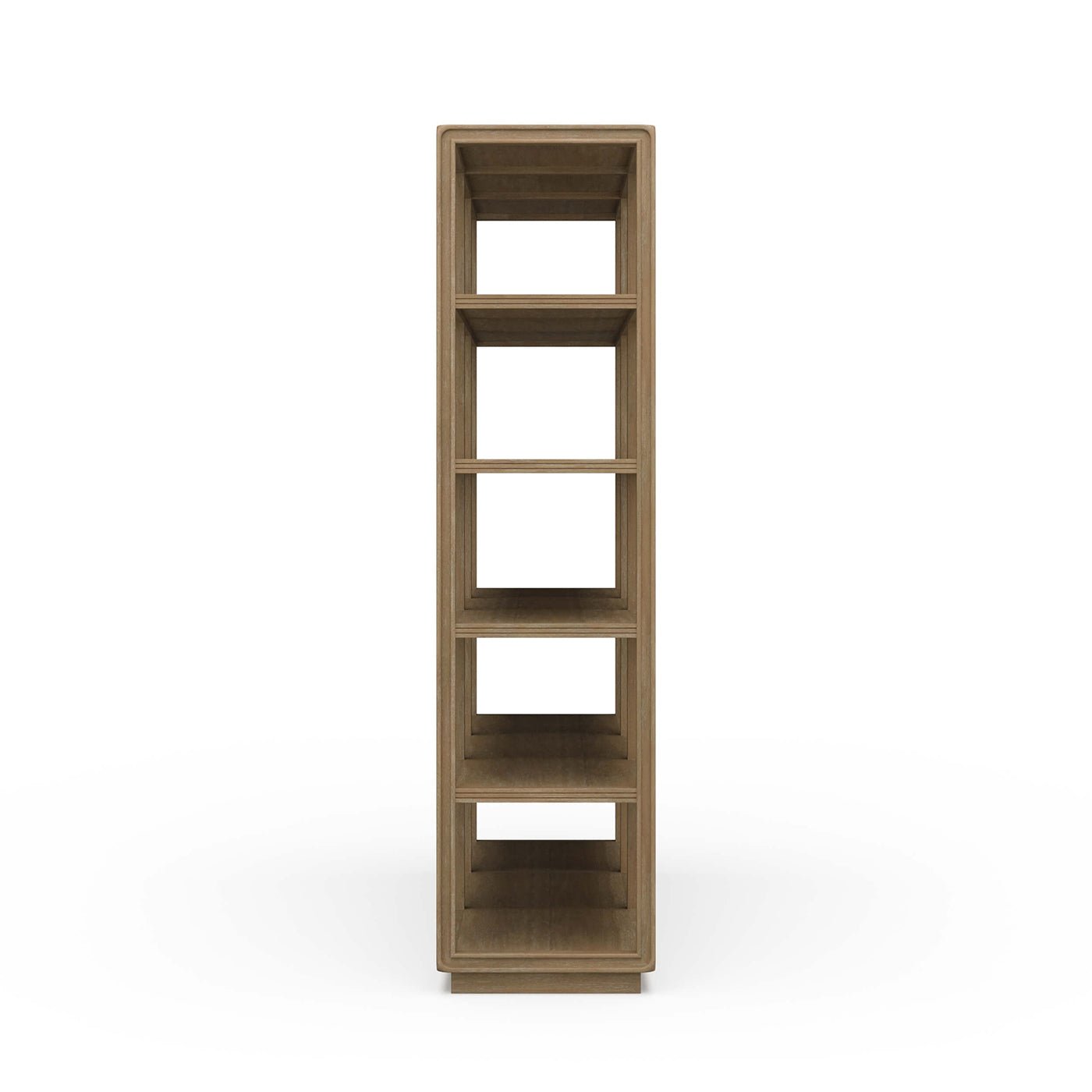 Side view of open contemporary bookcase structure and shelves.