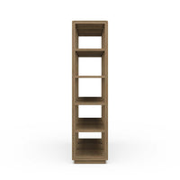 Side view of open contemporary bookcase structure and shelves.