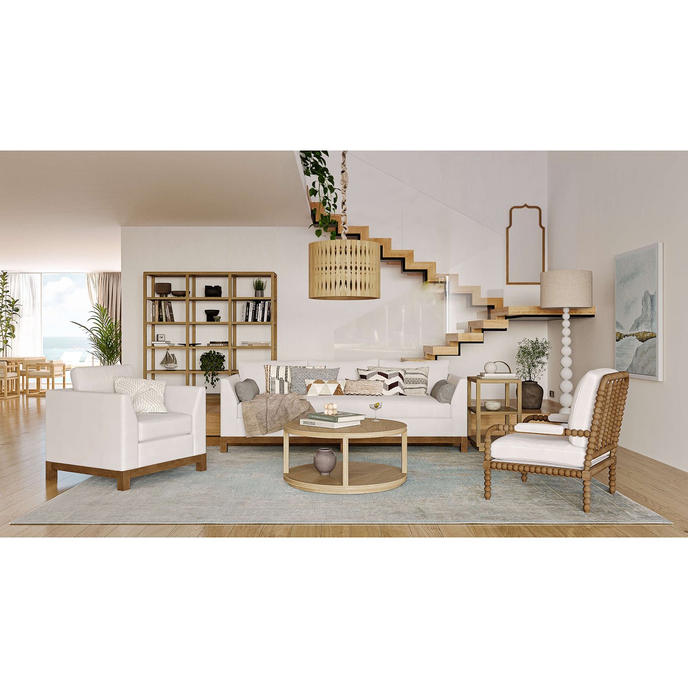 Open contemporary bookcase in modern living room setting.