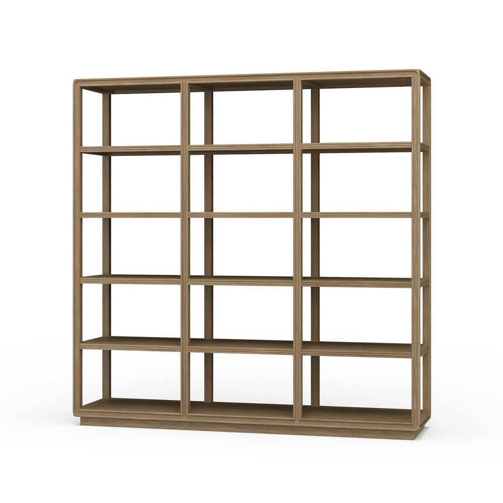 Front view of open contemporary bookcase with multiple shelves.