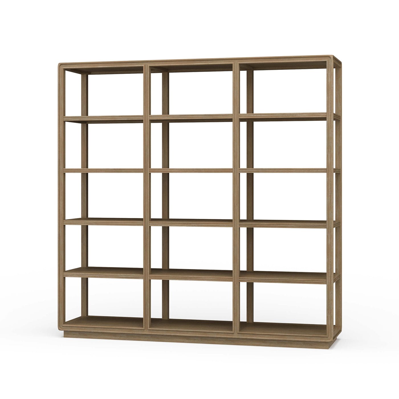 Front view of open contemporary bookcase with multiple shelves.