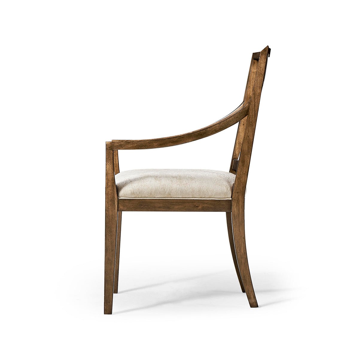 Profile of dining armchair highlighting arm and seat.