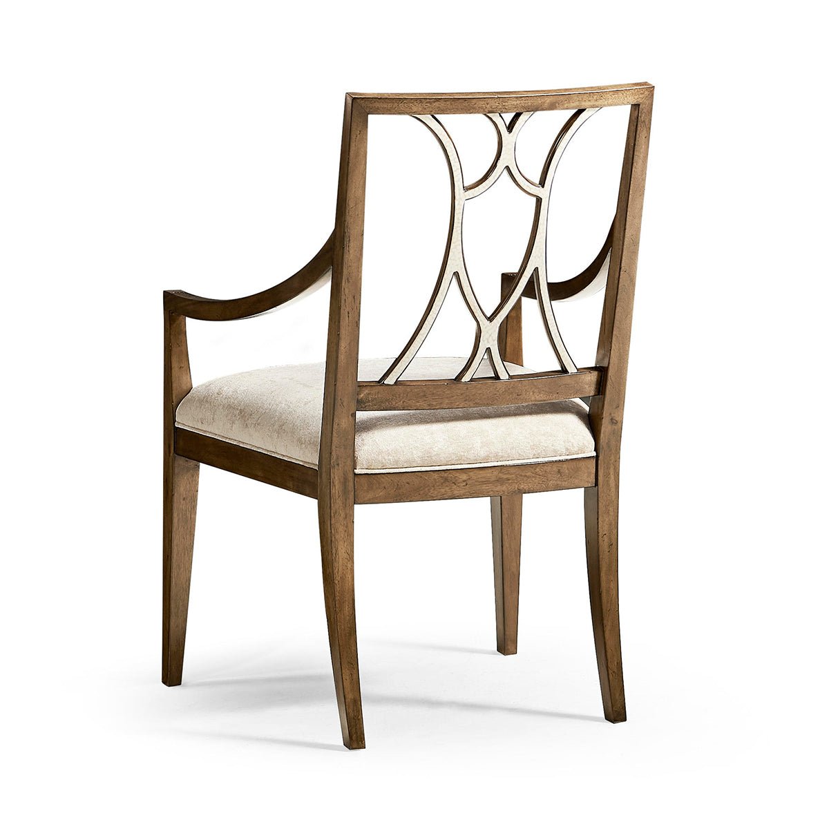 Rear view of dining armchair emphasizing back lattice pattern.