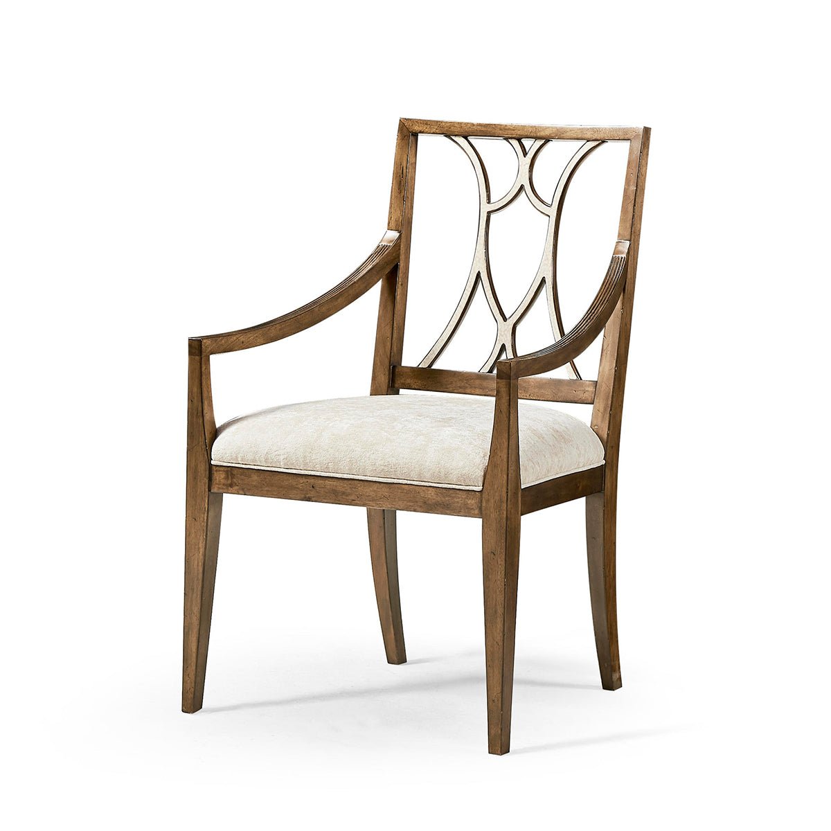 Wooden dining armchair with open lattice backrest design.