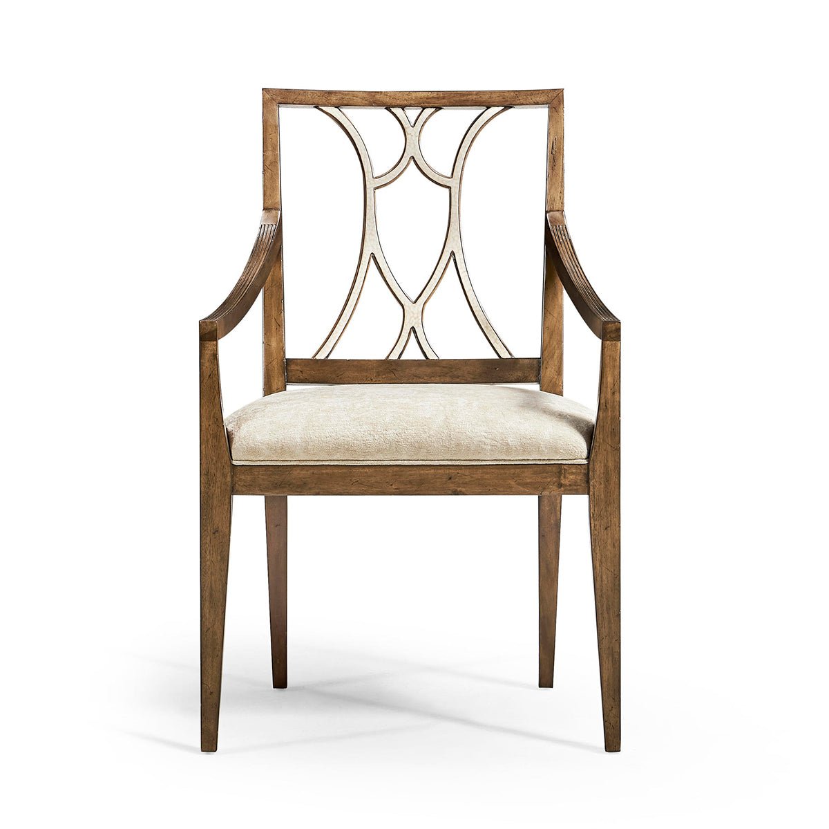 Front view of wooden dining armchair with lattice back.