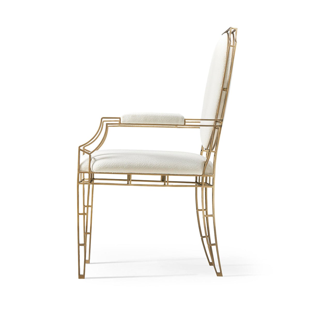 Side profile of sleek openwork steel arm chair.
