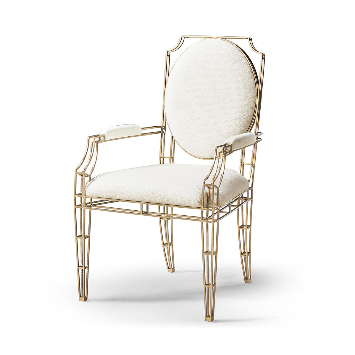 Elegant openwork steel arm chair with white upholstery.