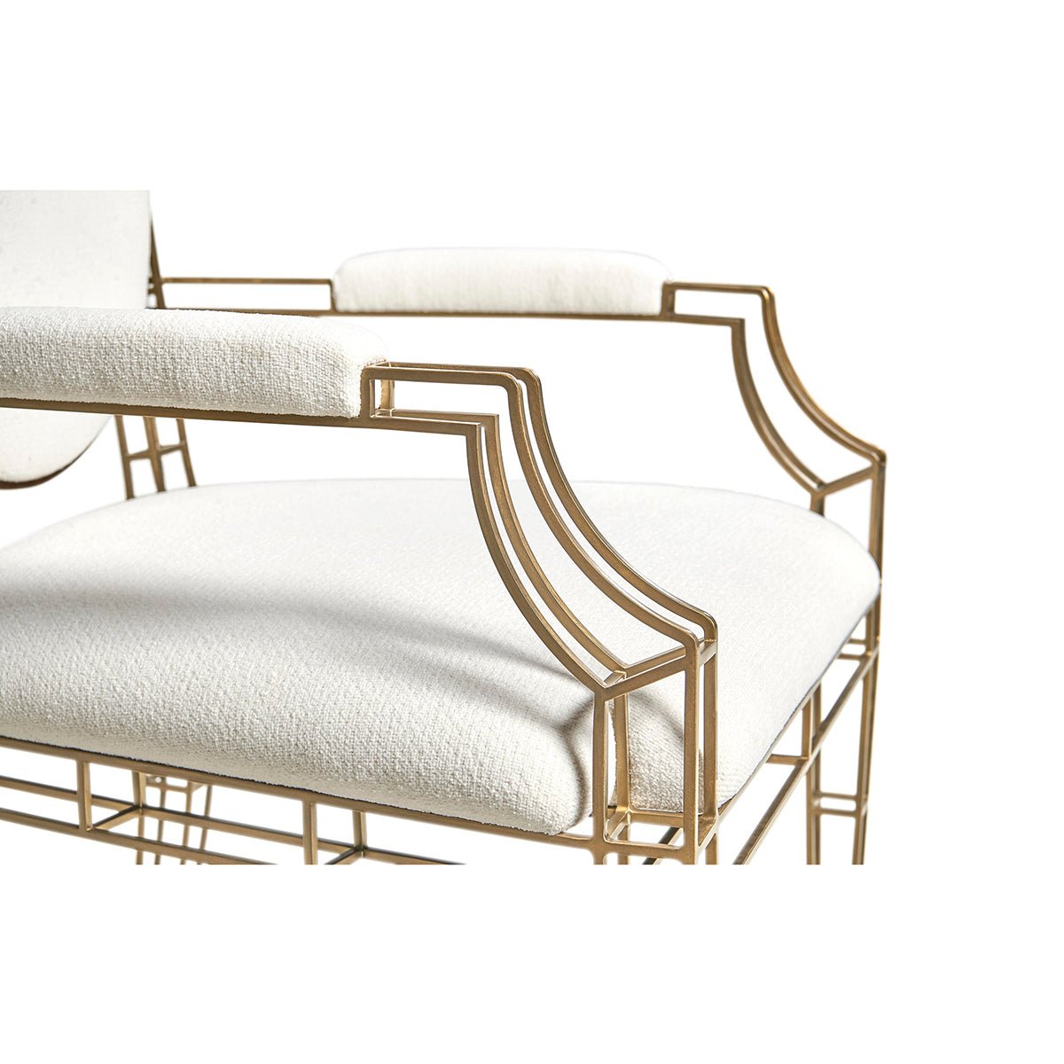 Armrest details on elegant openwork steel chair.