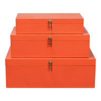 Orange Leather Nesting Boxes with Brass Tassels, Set of 3