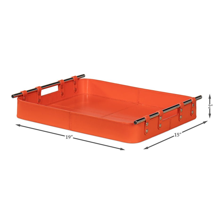 Orange leather tray dimensions illustration with measurements.